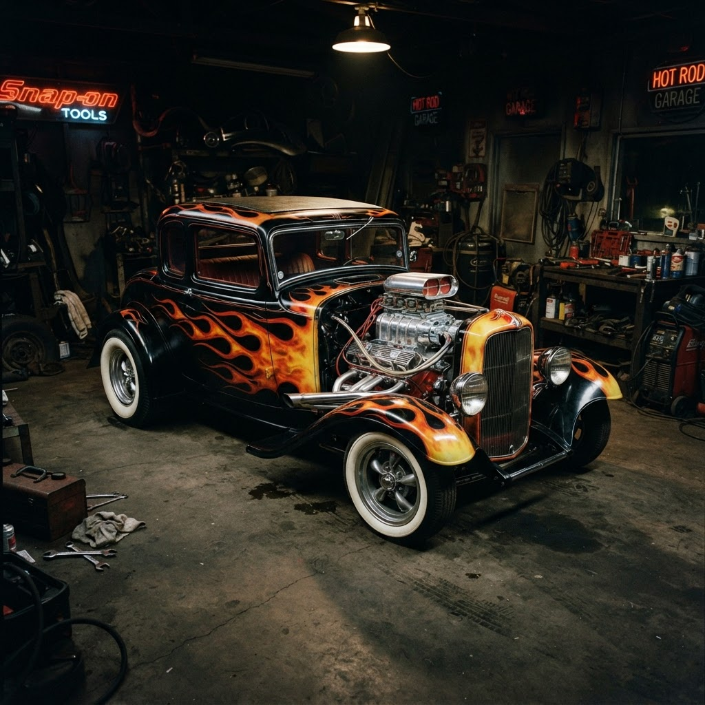 Hot-rod avec peinture flammes et moteur apparent
